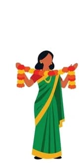 Indian woman in a green saree holding a flower garland